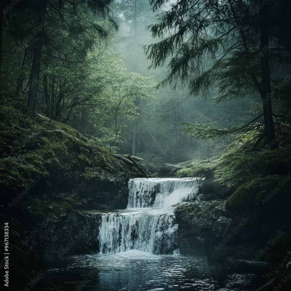 Sticker A small waterfall cascades down a mossy rock face in a misty forest.