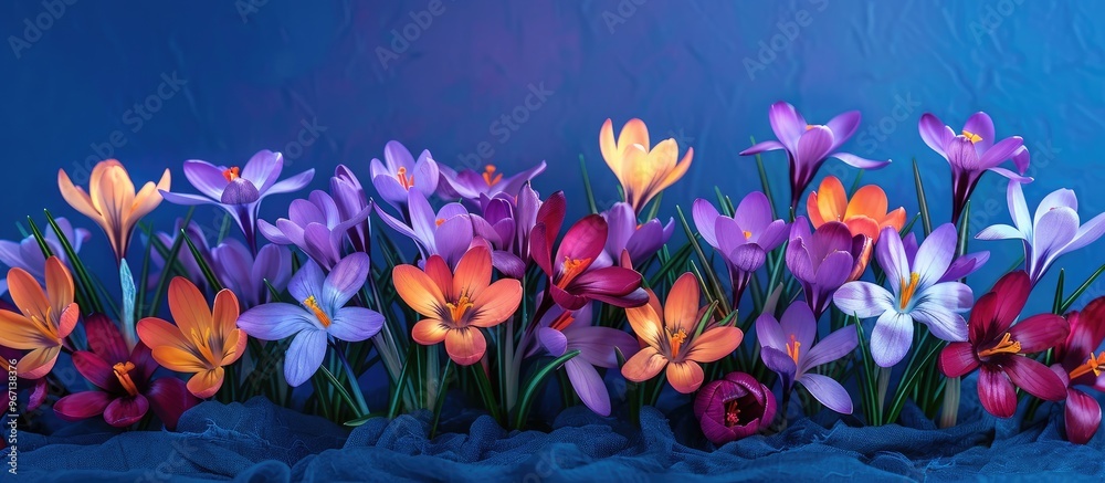 Aufkleber a stunning display of crocus flowers set against a vivid blue backdrop creates a serene copy space i