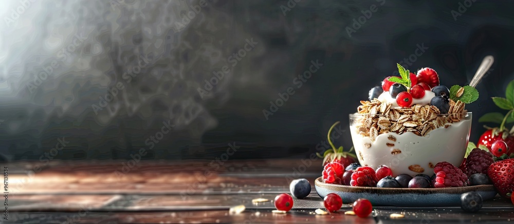 Poster healthy breakfast consisting of oat muesli served with yogurt topped with fresh berries ideal for a 