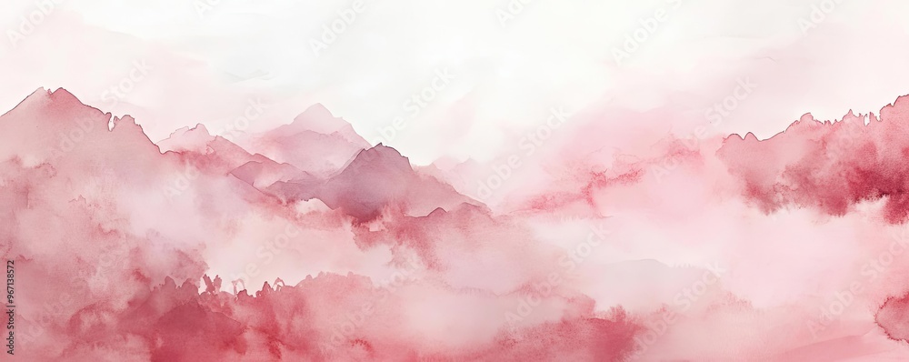 Poster a serene watercolor landscape featuring soft pink mountains shrouded in mist, perfect for creating a