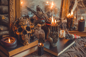 Mystical scene with candles. Fate prediction. Halloween concept, details and décor for home