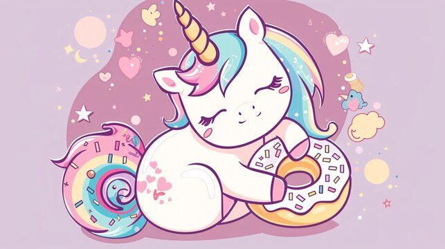107. A charming coloring page template featuring a kawaii baby unicorn pony hugging a donut, designed in a detailed vector style with a color palette, ideal for kids' coloring books and apparel prints
