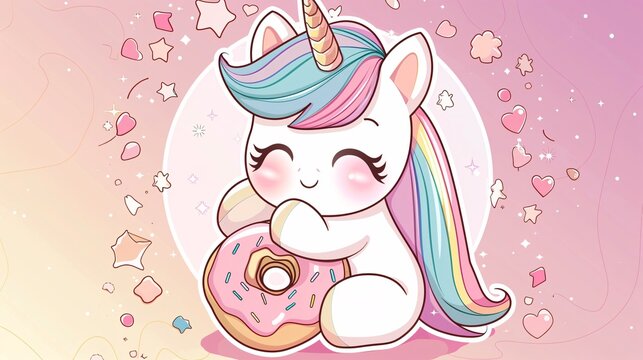 107. A charming coloring page template featuring a kawaii baby unicorn pony hugging a donut, designed in a detailed vector style with a color palette, ideal for kids' coloring books and apparel prints