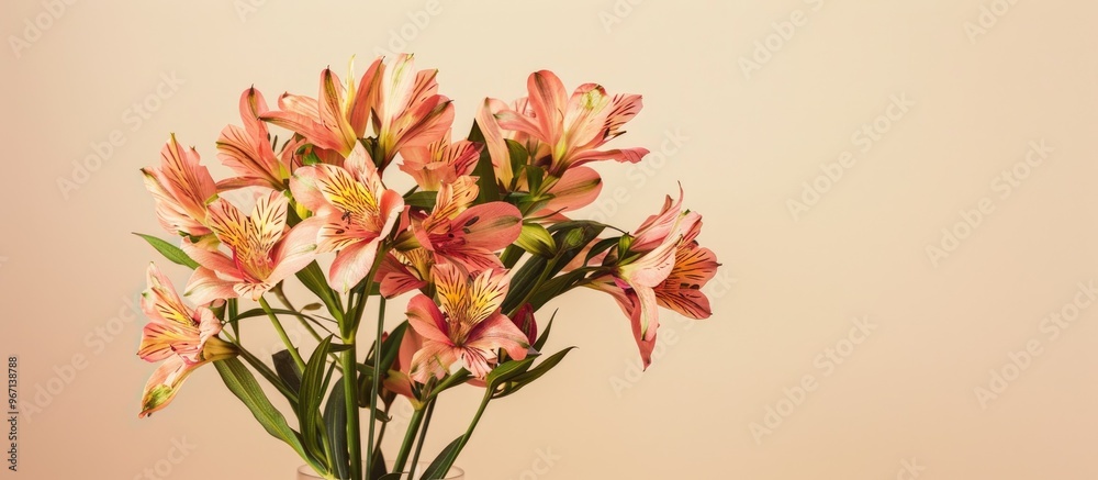 Poster Alstroemeria flowers arranged in a vase against a soft beige backdrop with room for text in the image. Creative banner. Copyspace image