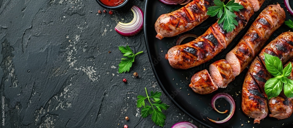 Aufkleber Grilled sausages with onions viewed from the top with space for text or other elements in the image. Creative banner. Copyspace image
