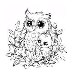 Fototapeta premium 115. Concept: Cute kawaii owl and baby cartoon character coloring page vector illustration. Wild animal, mothers day colouring page for kids