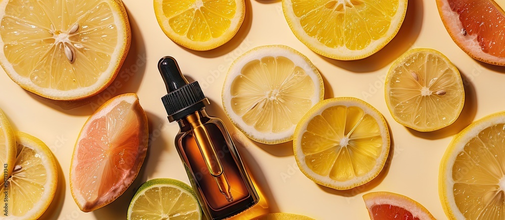Poster top down view of a beauty serum dropper surrounded by citrus fruit slices like lemon and orange with