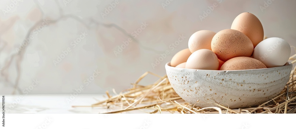 Aufkleber A bowl with fresh chicken eggs sits on a table with dried straw creating a rustic appearance on a white background in a copy space image