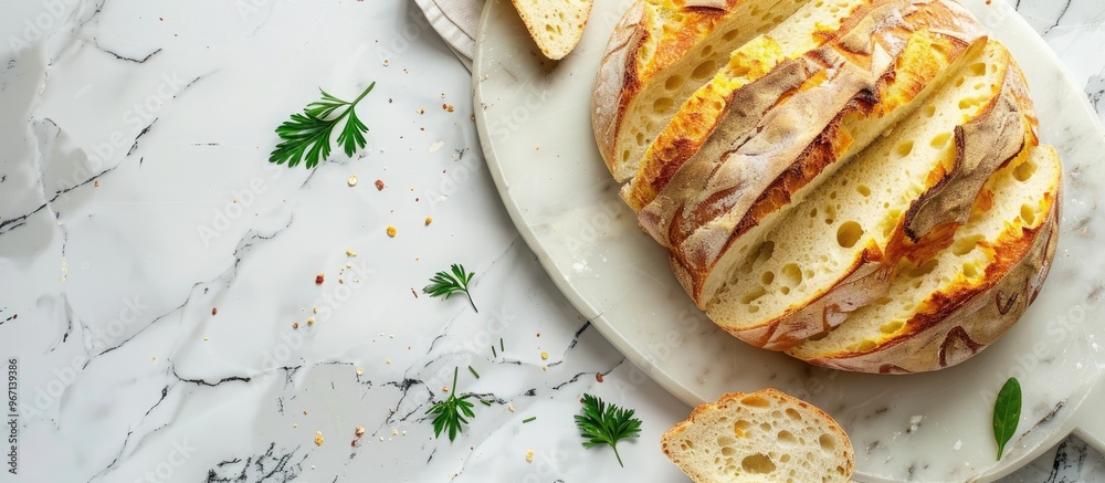 Poster Cheese bread on a marble table viewed from the top with a space available for your text or image. Creative banner. Copyspace image