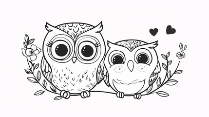 118. A charming vector illustration of a cute kawaii owl and baby, created as a coloring page for kids, with detailed line art and a playful design, suitable for Mother's Day