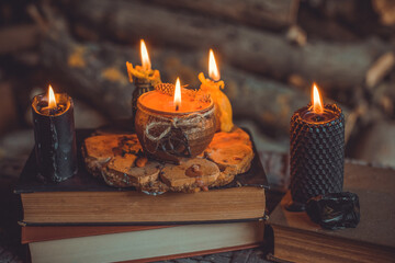 Mystical scene with candles. Fate prediction. Halloween concept, details and décor for home