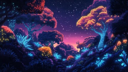 Illustrate a magical forest at eye-level angle, with bioluminescent plants glowing in neon hues under a dark sky Use digital painting techniques for detailed foliage
