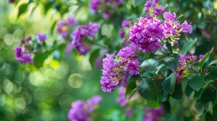 Obraz premium 3. Stunning purple Lagerstroemia Hybrid in full bloom surrounded by vibrant green foliage, highlighting the delicate texture of the crape myrtle petals and the natural beauty of the plant