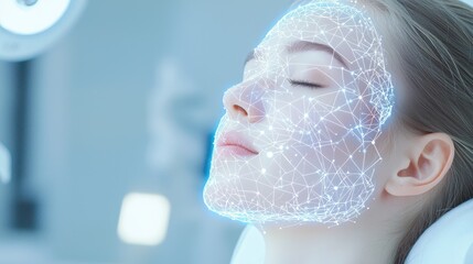 Woman in a clinic with glowing digital skin grid for advanced beauty and health analysis