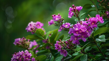 Fototapeta premium 4. Majestic purple crape myrtle Lagerstroemia Hybrid flowers standing out against a rich green leaf backdrop, capturing the elegance and grace of this flowering plant