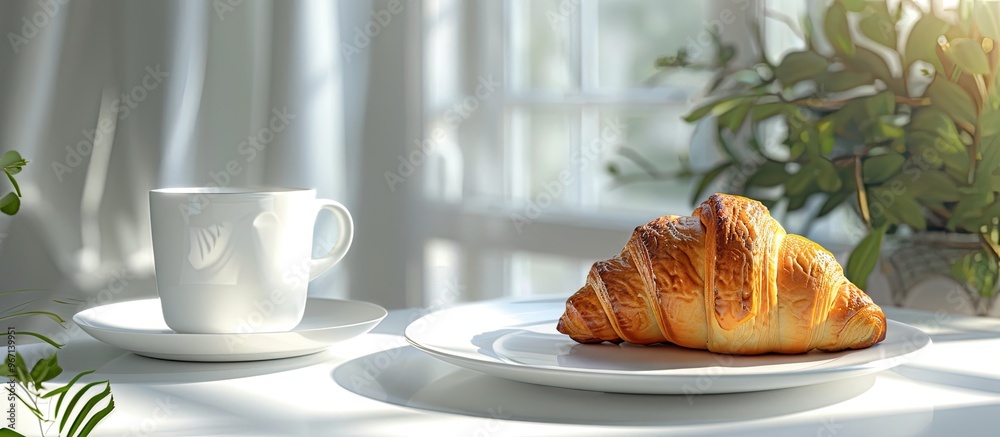 Poster croissant pastry displayed on a white table in a bright and inviting setting ideal for recipes artic