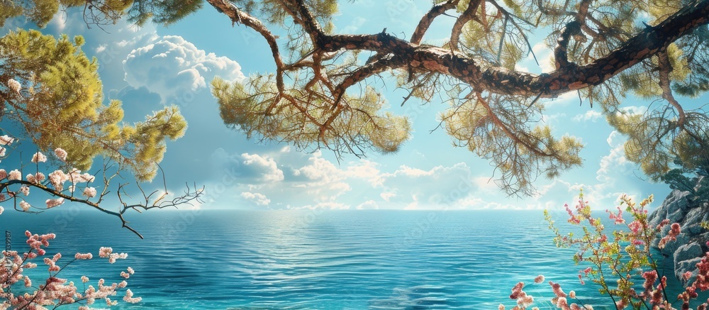 Poster A picturesque scene showing pine tree branches with flowers on one side and the sea on the other creating a serene copy space image