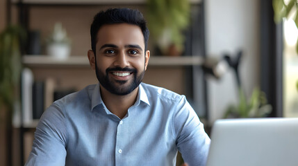 Obraz premium Indian businessman in formal attire smiling while working with a laptop open in front of him.
