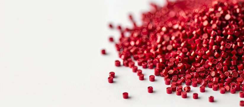 Details of a red color masterbatch on a white background with copy space image available