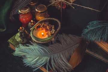 Mystical scene with candles. Fate prediction. Halloween concept, details and décor for home