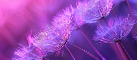 Abstract dandelion flowers in purple hues on a violet backdrop with copy space image Nature s fragility captured in a macro seed closeup on a banner style nature background