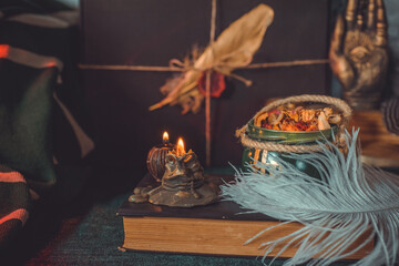 Mystical scene with candles. Fate prediction. Halloween concept, details and décor for home