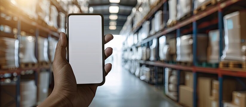 Hand holding a blank mobile phone in a blurred warehouse setting depicting online shopping mobile payments ordering products and business logistics with copy space image