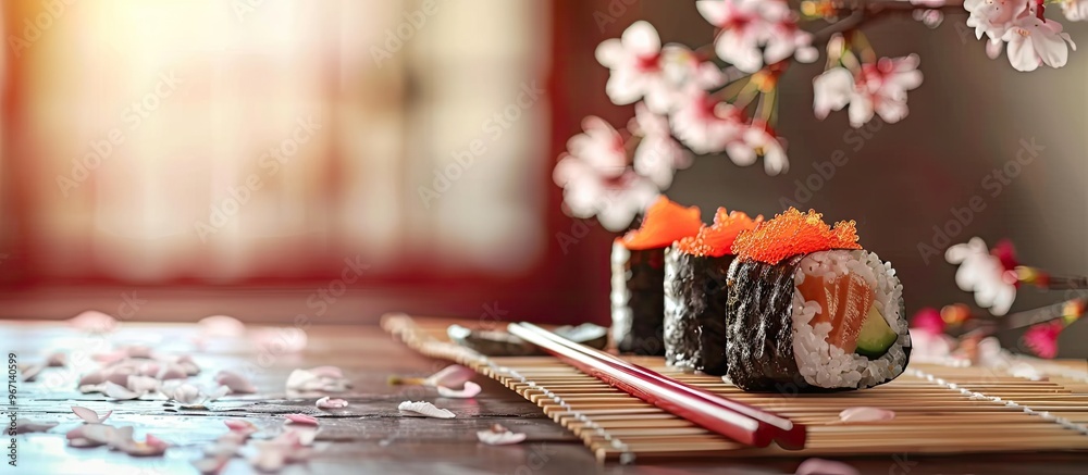 Poster japanese food culture highlighted on a table with cherry blossom branch and chopsticks offering enou