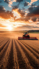Golden Hour Harvest: Tractor Working in Wheat Field at Sunset