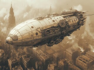 Naklejka premium Illustrate a worms-eye view Steampunk airship soaring over a sepia-toned, dystopian city Highlight intricate gears and pipes for a vintage feel
