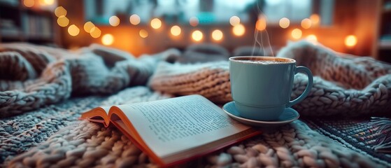 A cup of hot drink and a book against the backdrop of a warm 