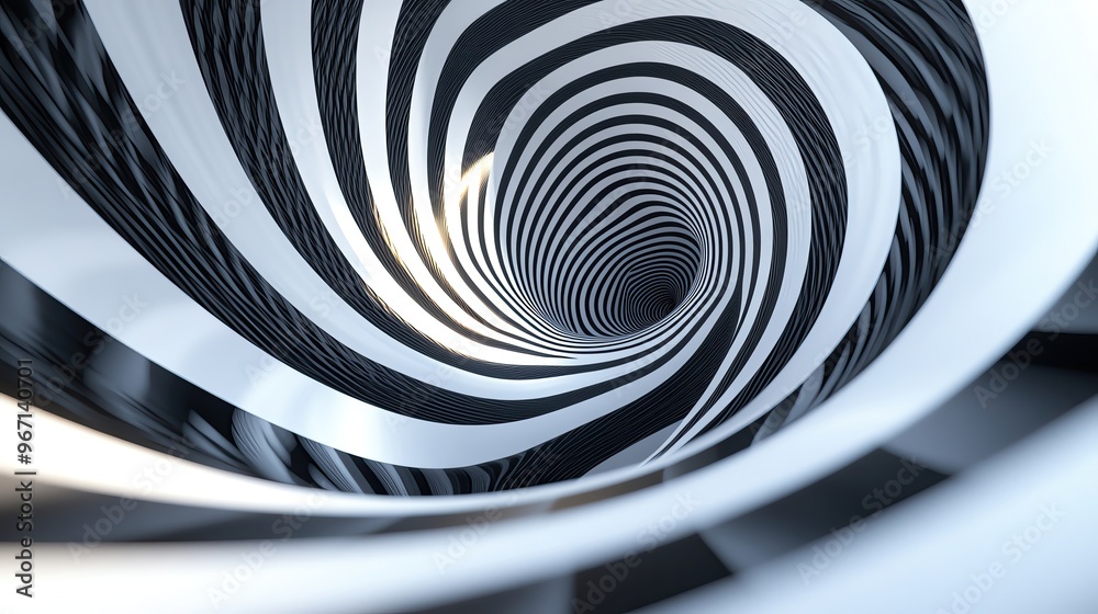 Poster an abstract spiral tunnel design showcasing dynamic contrasting patterns in black and white, evoking