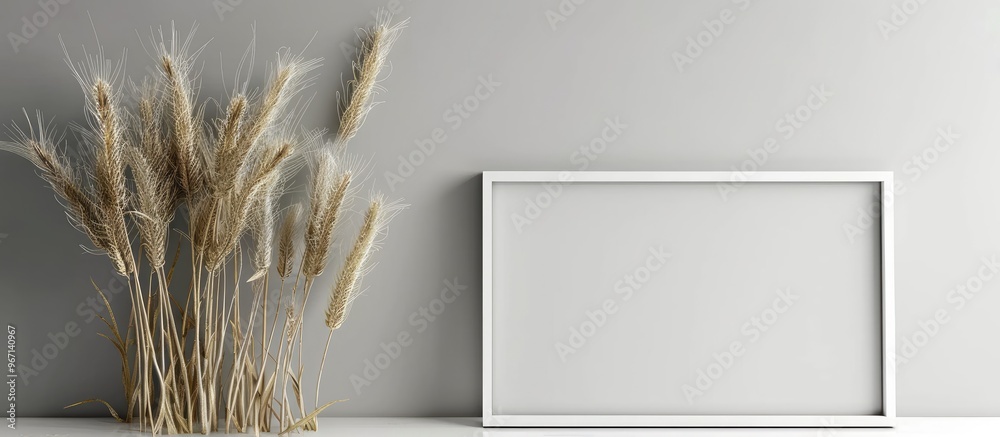 Poster minimalist agricultural concept with a group of wheat ears and a photo frame on a silver backdrop pr