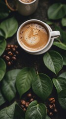 Blank Notebook and Coffee Cup Surrounded by Lush Green Leaves.