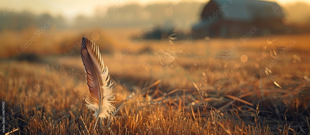 Aufkleber Photo of a farm scene with a feather from an animal in focus set against a blurred background ideal for copy space image