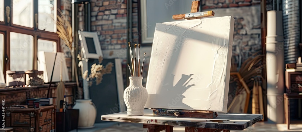 Poster artist s workplace with ceramic vase brushes easel and blank canvas in the background ideal for a co