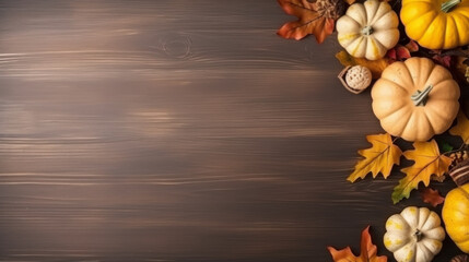 Autumn Scene with Pumpkins and Corn on Wooden Background