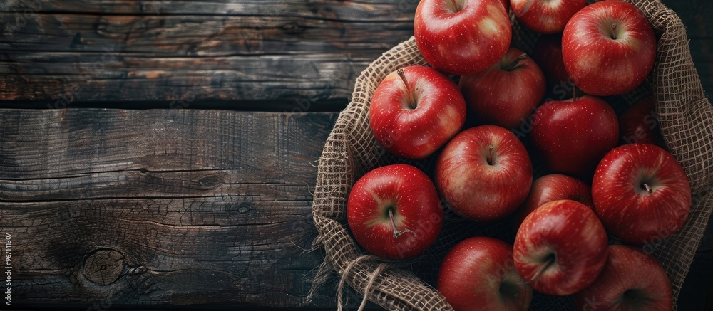 Poster top view of a wooden background holding freshly arranged red apples in a grid bag perfect for a copy