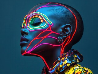 Naklejka premium neon veins shining beneath the skin, clad in avant-garde fashion Realistic details against a moody background
