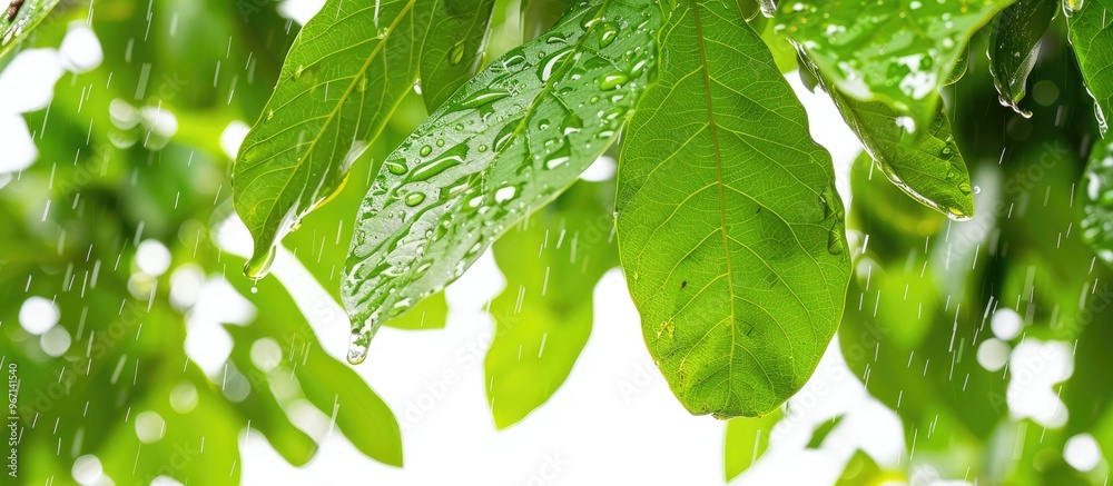 Poster close up of a walnut tree with vibrant green leaves and raindrops isolated on a white background per