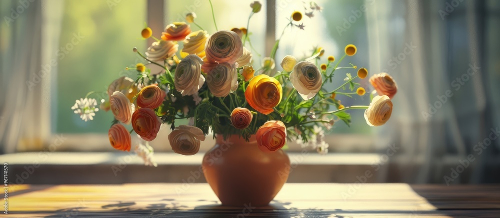 Leinwandbilder an elegant display of ranunculus and chamomile flowers in a vase on a table indoors with blank space
