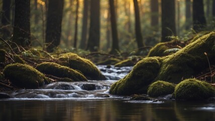 An dark forest with a stream of water running through it.