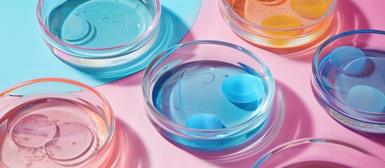 Bio science research and organic skincare concept showcased in Petri dishes with cosmetic gel swatches on a colorful background providing room for additional images
