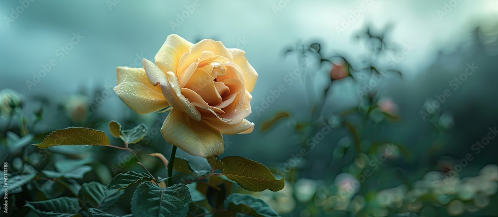 Poster a single yellow tea rose blooms in a garden against a cloudy backdrop with a green outdoor setting p