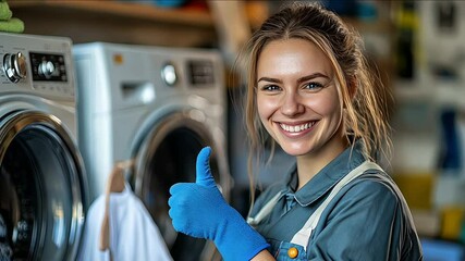 A happy young woman shows her thumbs up before cleaning. Laundry and cleaning in hotels, nursing homes