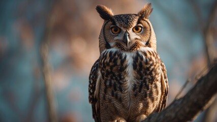 A close up of an owl with a sky background.