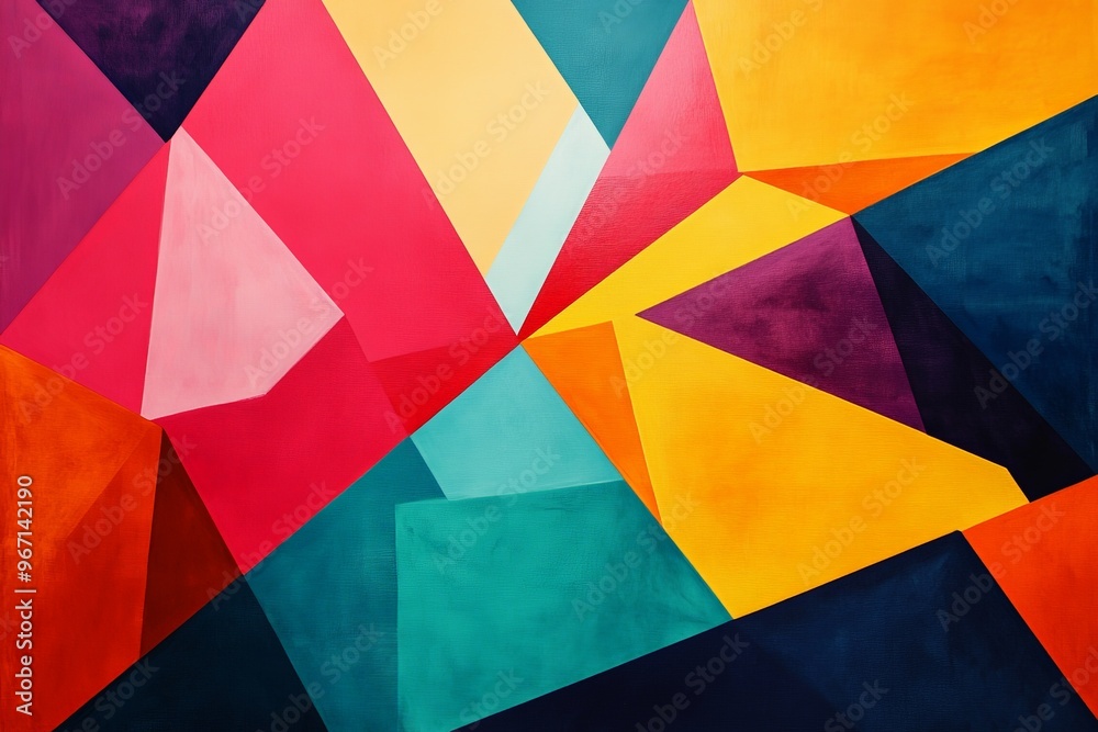 Poster a dynamic abstract image with vibrant geometric shapes in bold, contrasting colors, evoking a sense 