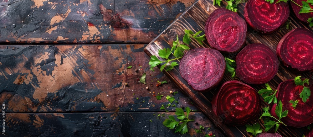 Aufkleber Boiled beetroot slices on a wooden cutting board with parsley leaves against a rustic backdrop for a copy space image