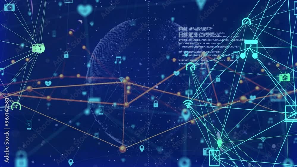 Poster animation of network of connections and data processing over globe