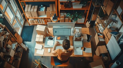 52. Detailed view of a small business operation at home, with a person examining products and parcels, a laptop open, and shelves filled with inventory in the background